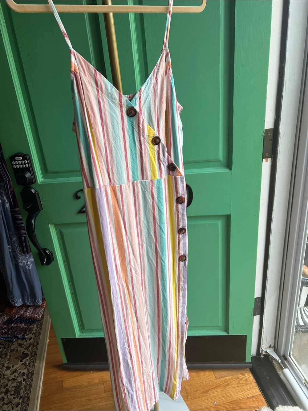 a.n.a Striped Button-Front Maxi Dress in Mint, Pink & Yellow size Large